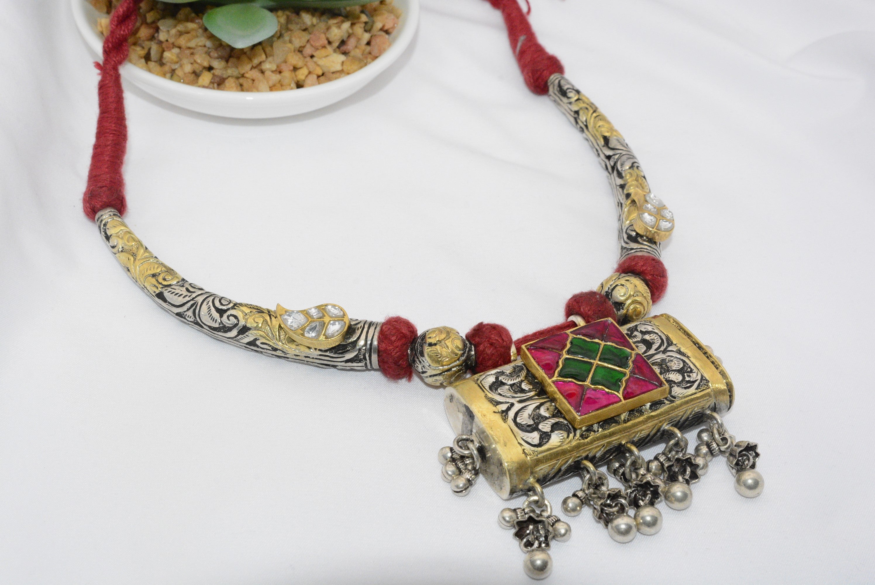 Bohemian Silver Pendant Necklace with Red Accents image 0